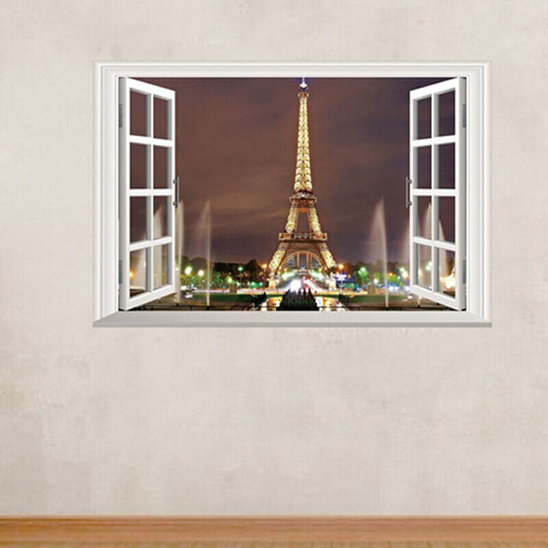 3D Window Paris Eiffel Tower Wall Sticker Art Vinyl Decal DIY Mural Home Decor Wall Art Decal For Rooms