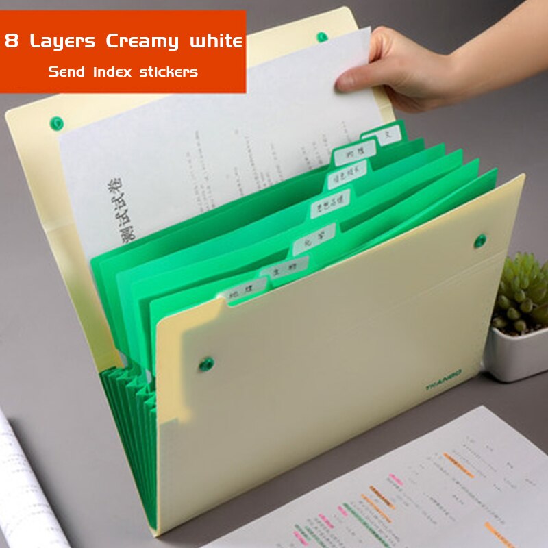Papirvarer og plast multi-lags stor kapacitet 8-- lags orgeltaske bærbar studenteropbevaringspose-filmappe: Hvid