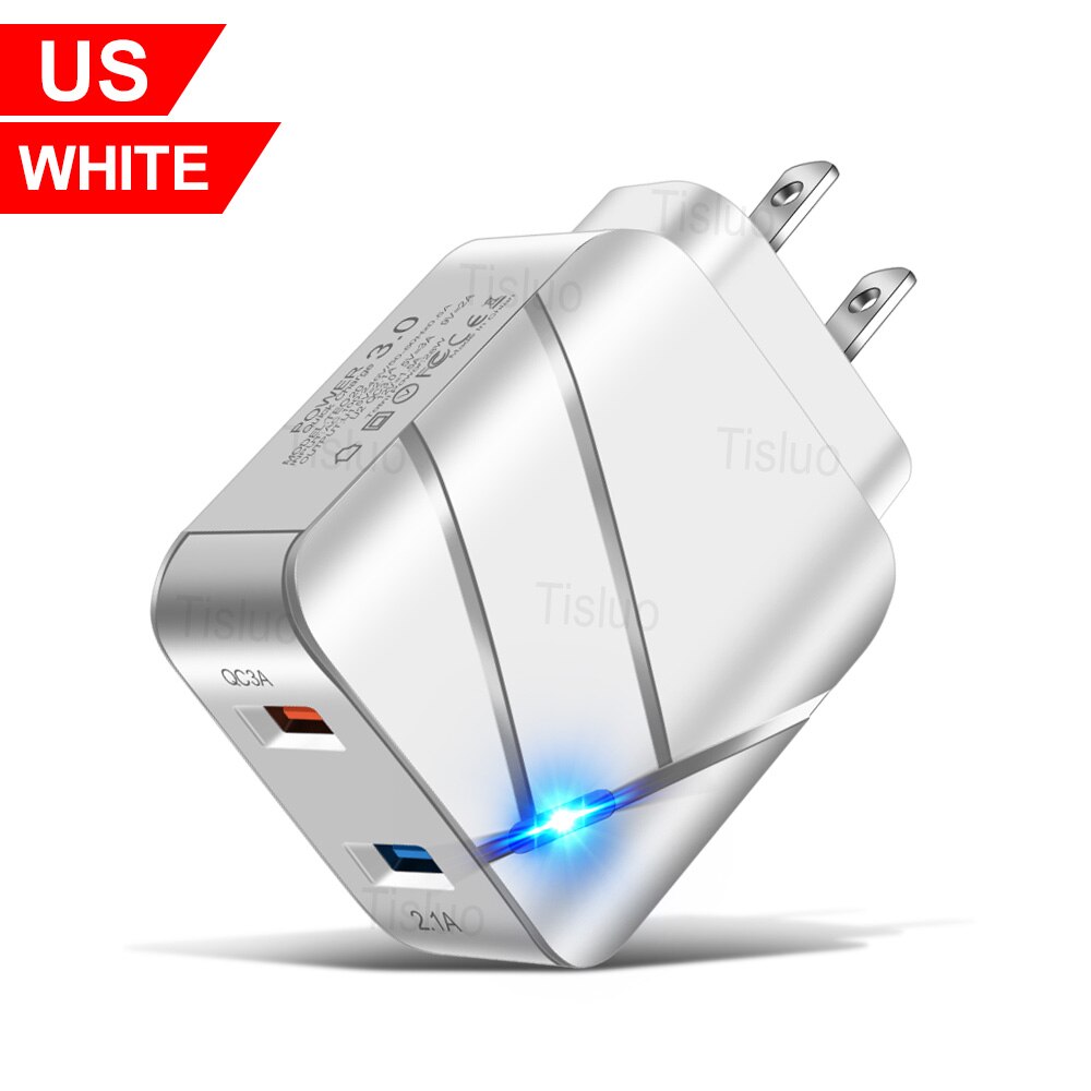 3A Usb Charger Quick Charge 3.0 Mobiele Telefoon Laders Voor Iphone Samsung Xiaomi Huawei Tablet 2 Poort Led Verlichting Muur lader: US White