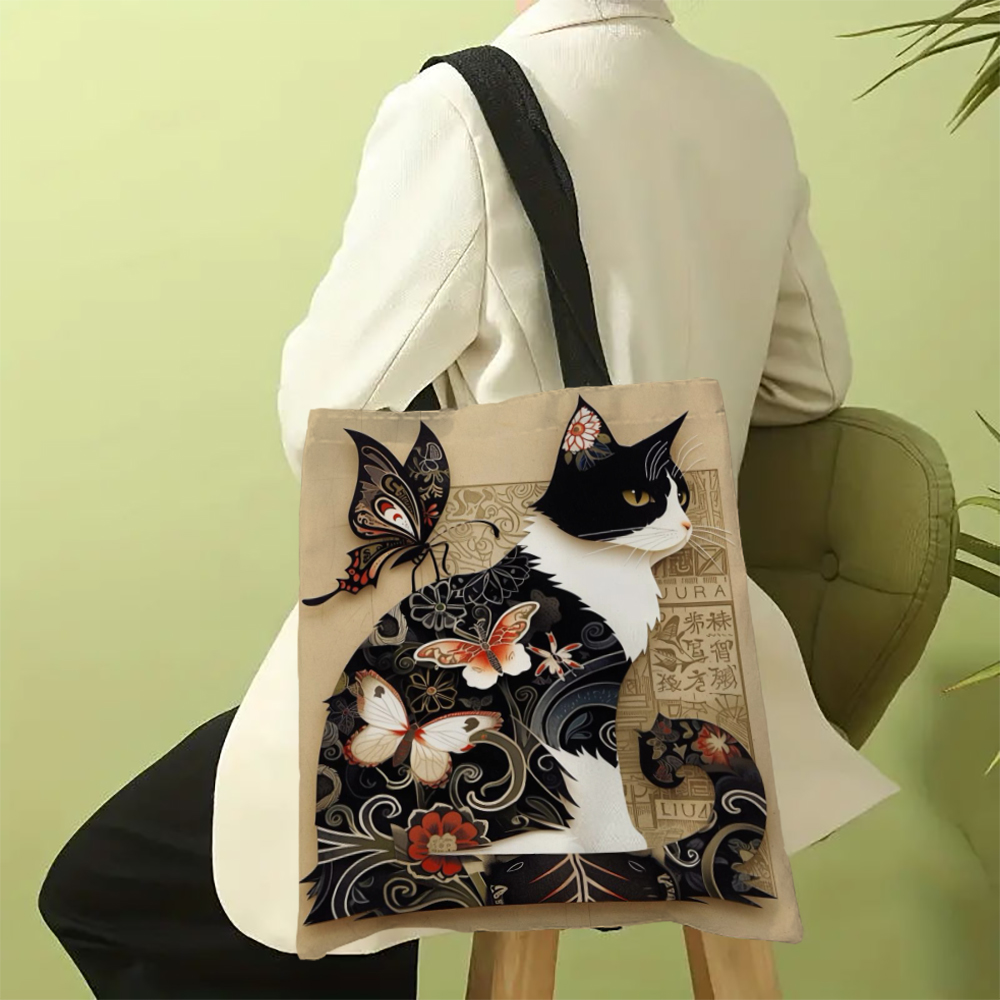 Sac fourre-tout classique chat noir et blanc avec imprimé chat, sac de plage de Shopping à bandoulière réutilisable pour femmes, sac de transport décontracté Durable: Or