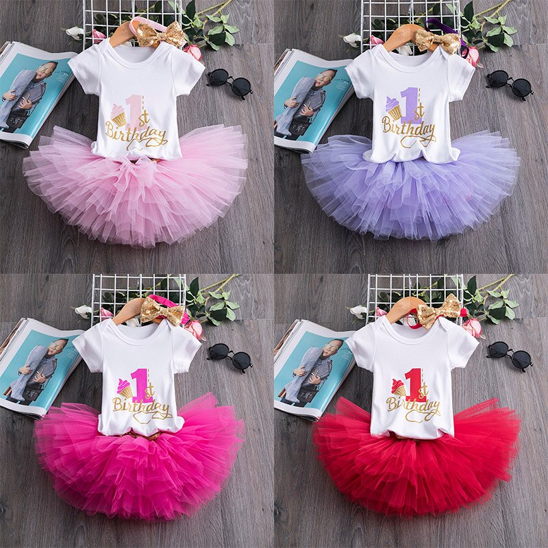 Baby fødselsdagskjole 1 år 3 stk outfits spædbarn småbørn pige tøj nyfødt baby tyl tutu vestido et år print tøj