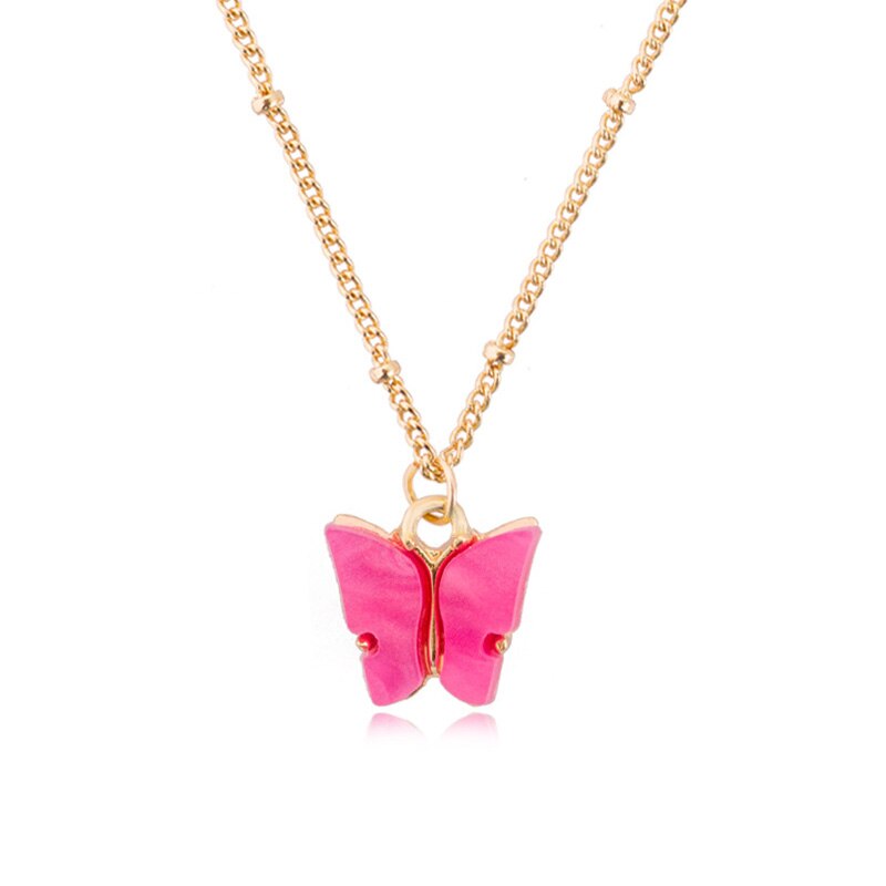 Cute Butterfly Pendant Necklaces For Women Gold Color Chain Collar Shine Choker Necklace Party Engagement Jewelry: Rose red