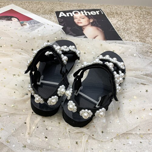Nuevas sandalias de plataforma de perlas con gancho con forma de flor para Mujer, zapatos de playa con suela gruesa para Mujer, sandalias romanas de ocio, zapatos planos cómodos para Mujer: 40
