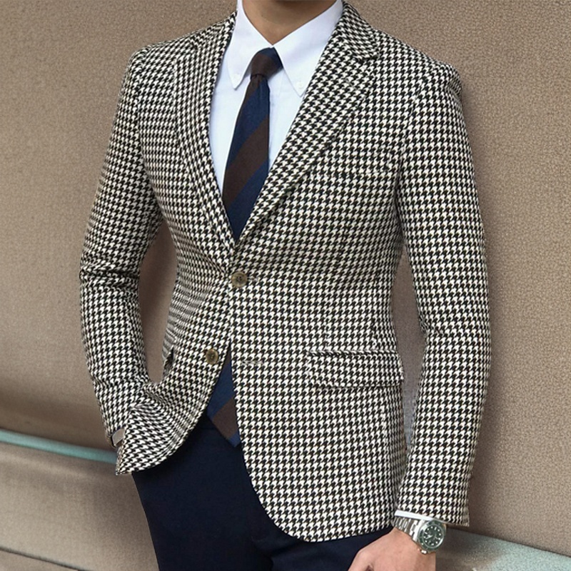 Blazer a cuadros de pata de gallo para hombre, chaqueta de traje de una pieza con 2 aberturas laterales, abrigo informal ajustado para hombre, ropa de 2023