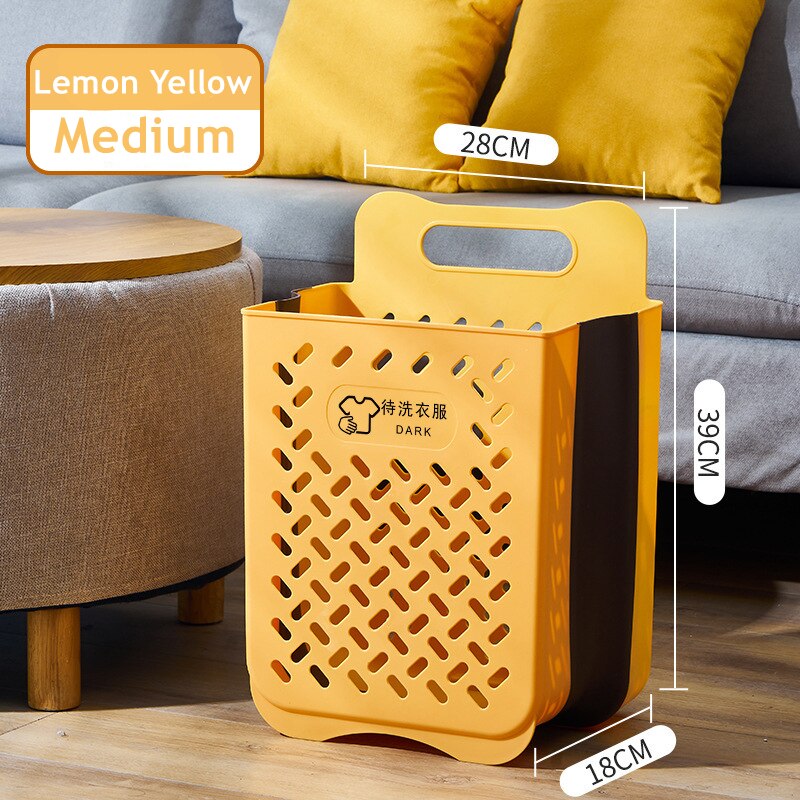 Panier de rangement pour vêtements sales, grand panier à linge mural, pliable, sans perforation, pour la maison: Yellow-Medium