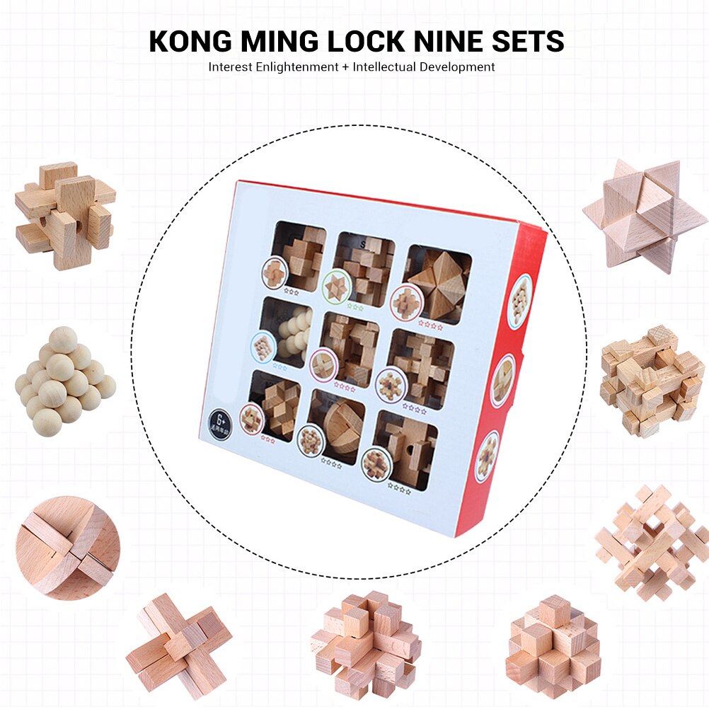 9Pcs Wooden Brain Teaser Puzzle IQ Test Toy Kong Ming Lock Puzzle Disentanglement Puzzles Toy Unlock Interlock Game For Kids #30