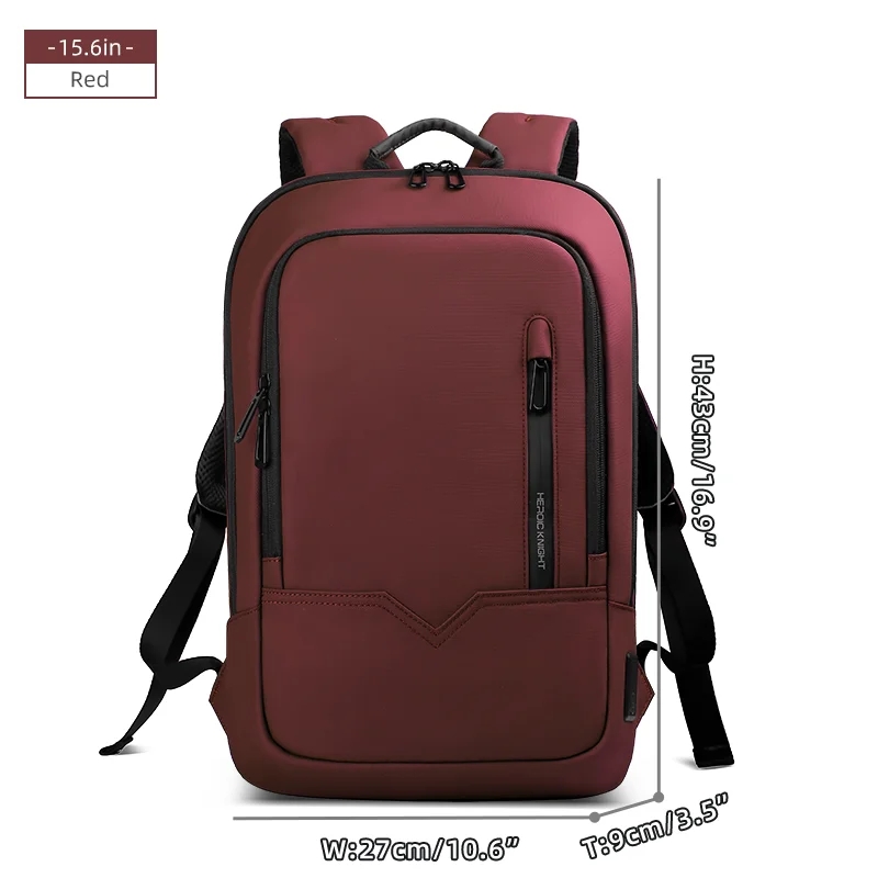 Mochila delgada HK para hombre, bolso para ordenador portátil de 15,6 pulgadas, bolso escolar impermeable con carga USB, mochila de viaje ligera, paquete de trabajo universitario: Rojo