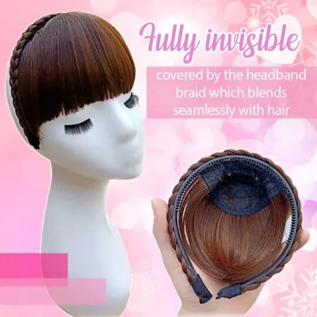 Similler Synthetic Hair Neat Fringe With Braids Headband Blunt Bangs Hair Extensions For Women Hairpieces Synthetic Bangs#y30