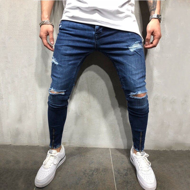 Men blue Knee Ripped Skinny Jeans Streetwear distressed Destroyed Slim Elastic cowboy Hip-hop Hole Joggers Denim pants