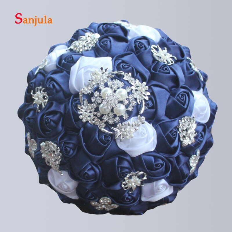 Bouquet de mariée bleu marine et blanc fleurs en Satin perles perlées Bouquet de mariage attrayant gelin buketi WB18