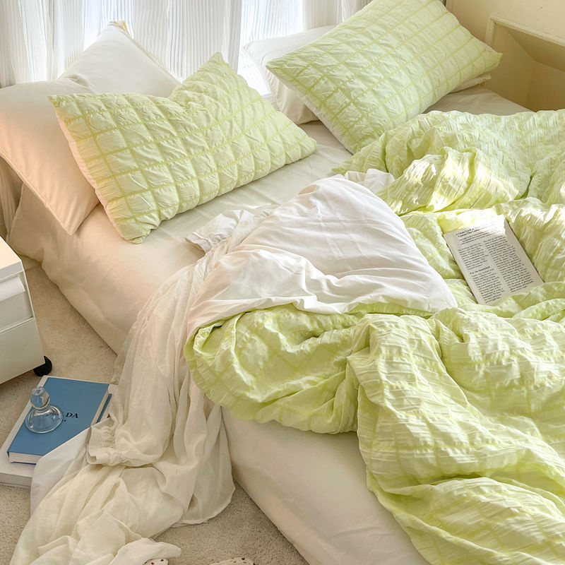 impostato piumino coreano principessa rosa Seersucker biancheria da letto Kawaii copripiumino tinta unita regina dimensione lenzuola doppie impostato per ragazze: 2.0 / verde