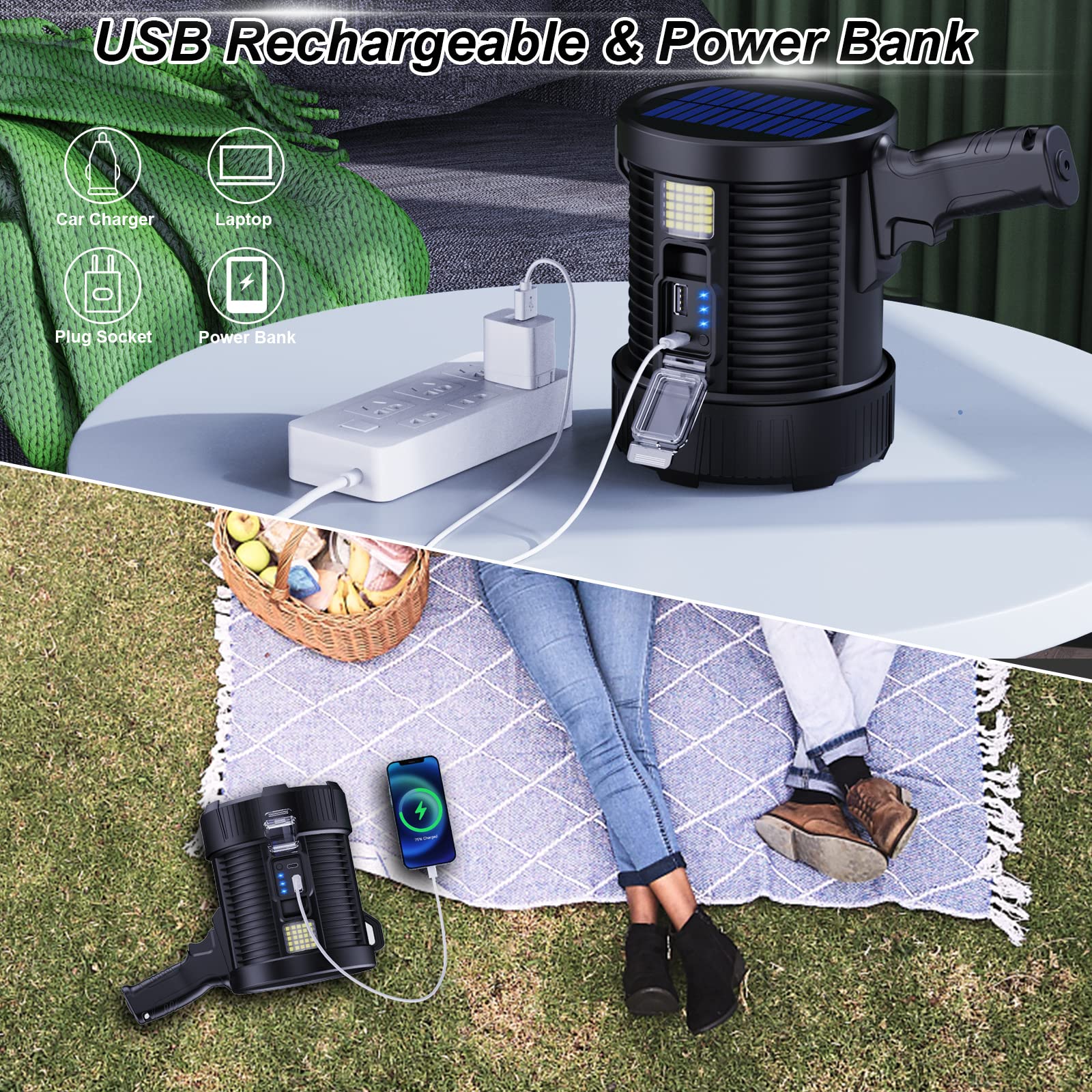 Oplaadbare spotlight 100000 Lumen Led Spot Lights Handheld Grote Zaklamp Super Heldere Outdoor Solar Spotlights Zoeklicht