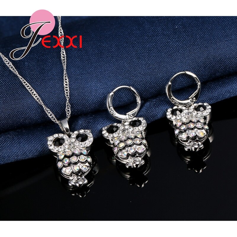 925 Sterling Silver Beautiful Women Jewelry Sets With Pretty Cubic Zircon Owl For Girls Necklace Earrings Sets