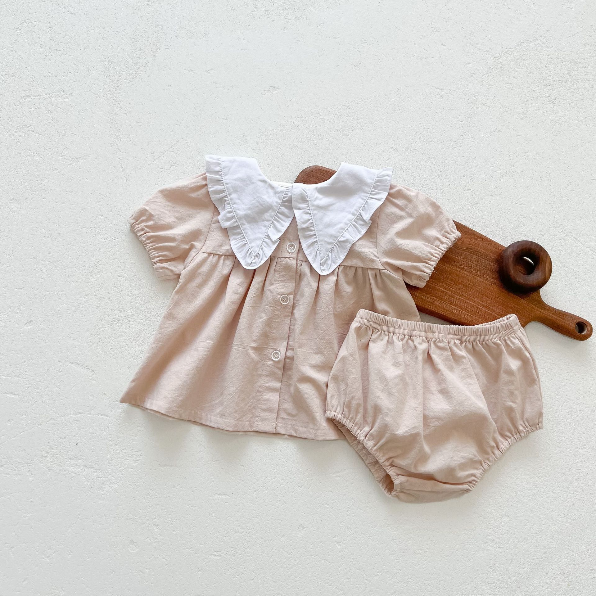 1676C Baby Kleding Set Meisje Pak Zomer 2022 Korte Mouwen Baby Meisje Tweedelige Kleding Revers Knop Jas + Brood Shorts: Apricot / 66 for 6m