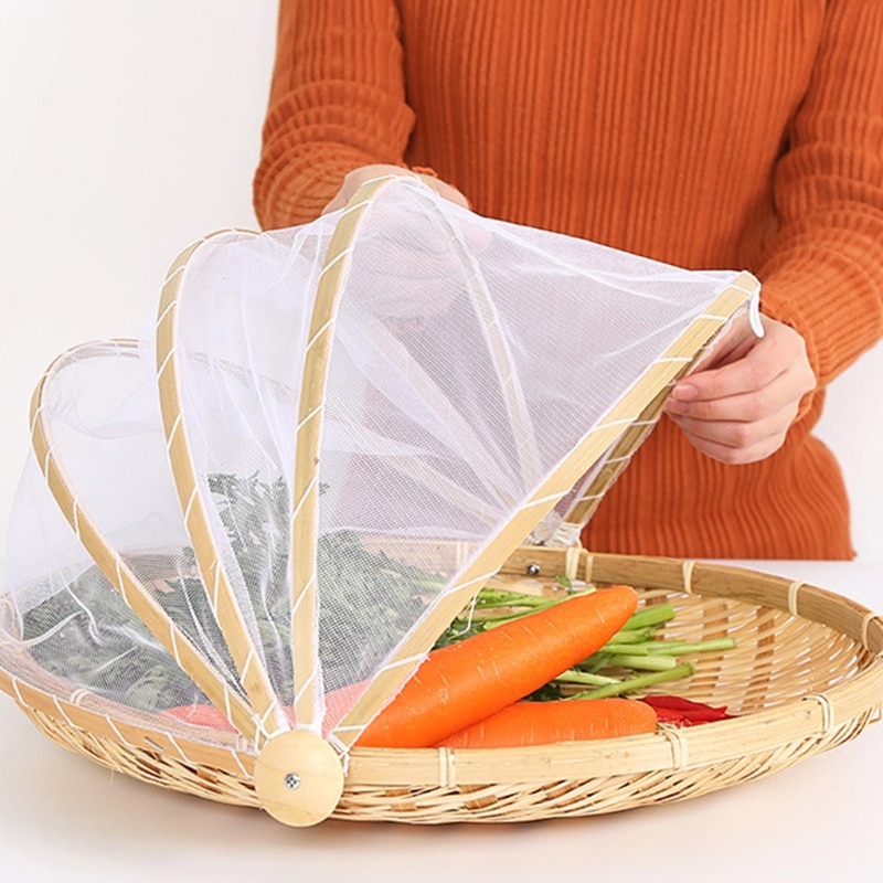 Handgemaakte Bamboe Geweven Bug Proof Rieten Mand Stofdicht Picknick Fruit Lade Brood Gerechten Cover Met Gaas