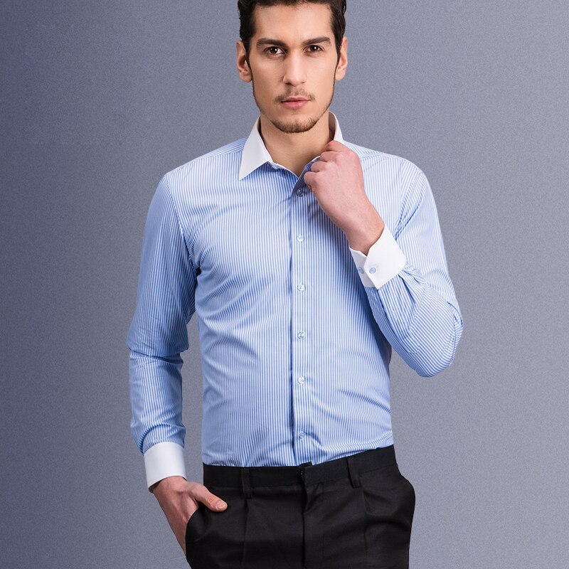 Heren Stijlvolle Lange Mouw Gestreept Overhemd Contrast Kraag En Manchetten Formele Zakelijke Regular-Fit Work Office Knop up Shirts