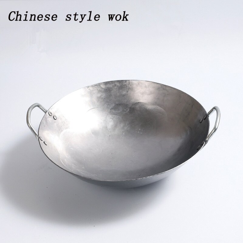 Ijzer Non Coating Woks Gas Fornuis Traditionele Handgemaakte Pot Enorme Handleiding Smeden Wok Met Binaural Koekenpan Thuis Non-stok 34Cm: Default Title