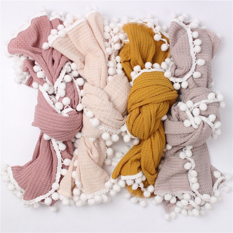 Baby Soft Cotton ricezione coperta Waffle maglieria Hairballs nappa Swaddle Wrap asciugamano da bagno puntelli fotografia neonato