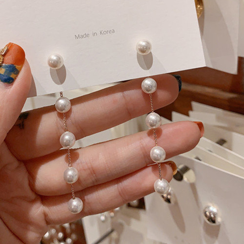 Trendy oorbellen voor dames met imitatieparels, lange oorbellen met witte ronde parels, trouwoorbellen met hanger, koreaanse sieraden oorbellen: Antiek verzilverd