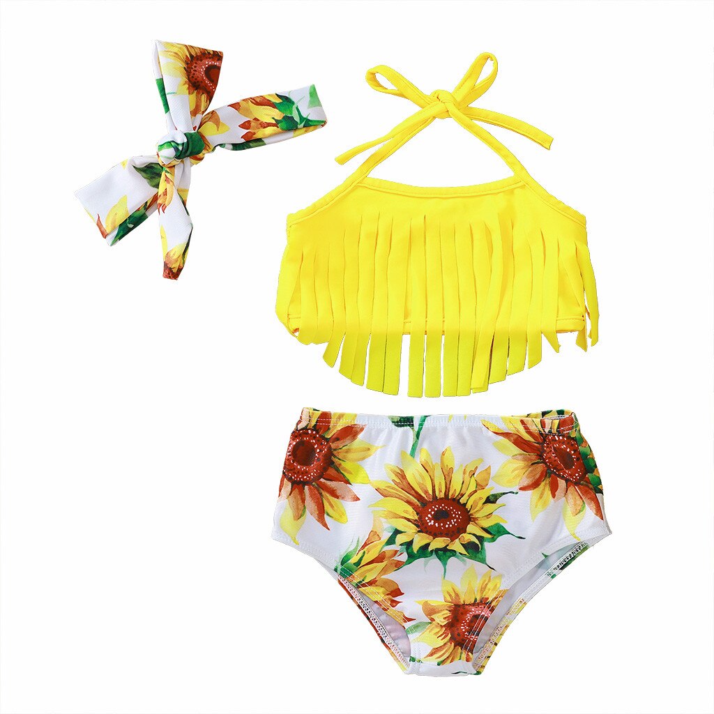 Sunflower Print Bikini Set Swimwear Kids Kids Baby Girls Tassel High Waist Bathing Suit Swimsuit Summer Bikini Outfits Swim: Yellow  / 1-2 Years