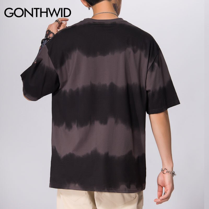 GONTHWID Tie Dye Striped Tees Shirts Summer Casual Streetwear Tshirts Harajuku Hip Hop Short Sleeve Tops Hipster T-Shirt