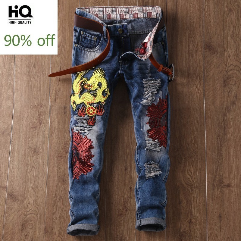 Lente Mannelijke Mode Borduren Straight Slim Fit Cowboy Broek Man Gat Gescheurde Jeans Voor Mannen Streetwear Biker Broek Heren