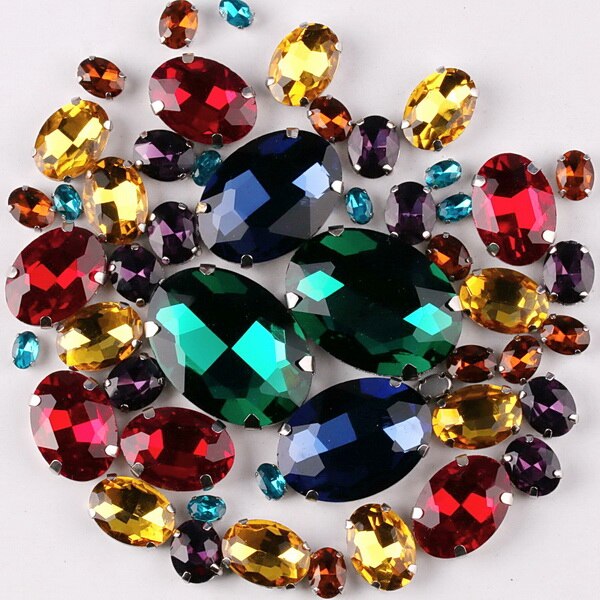 Silver claw setting Oval shape 7 sizes mix 50pcs/bag glass crystal sew on rhinestone beads wedding dress shoes bags diy trim: A4 Dark colors mix