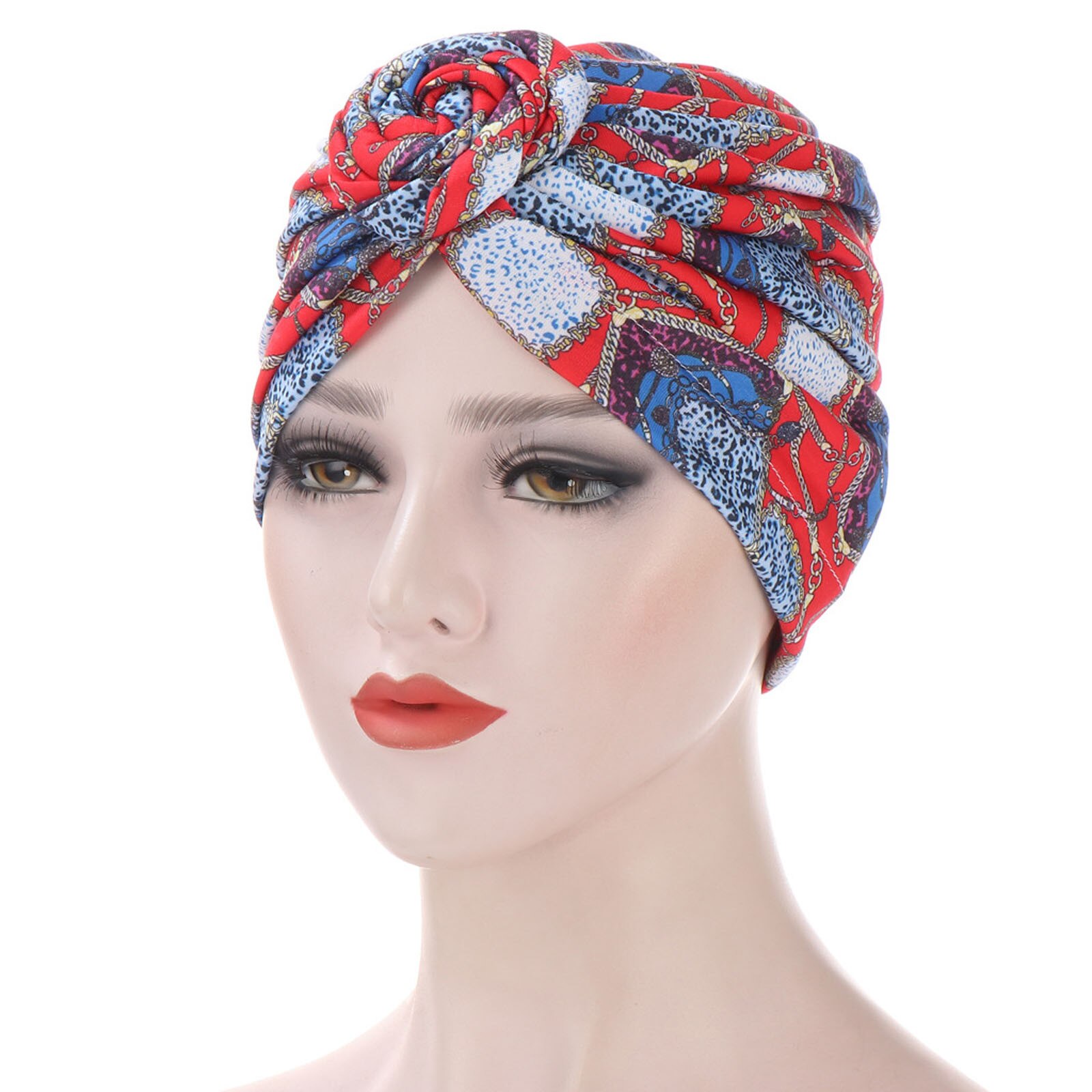 2020Fashion Women ethnic style hat scarf turban headgear cap printed Indian hat Baotou hat Muslim bottom cap mondkapjes wasbaar: Light blue 