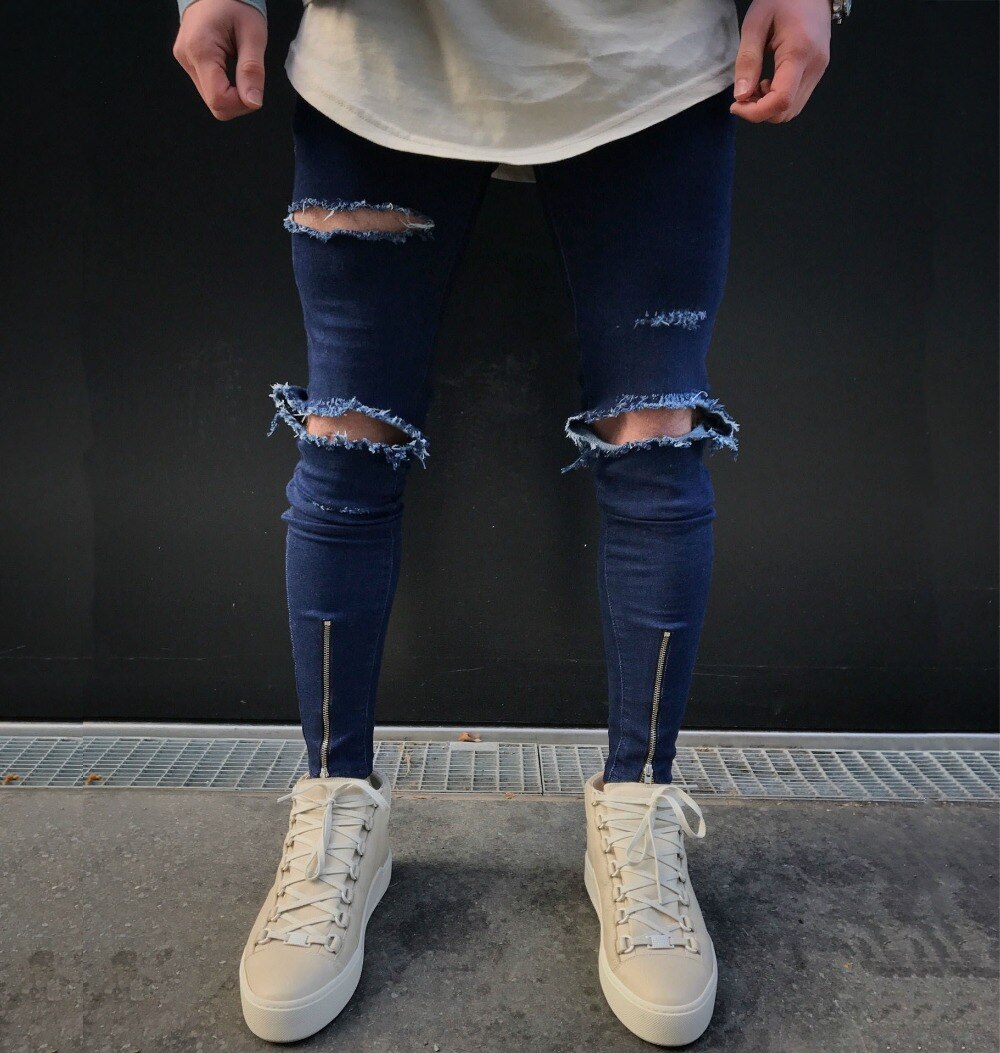 Straße Hiphop Männlichen schlank passen Jeans Männer Knie große See Denim Hosen Zerrissene Bettlern Punk gotisch Blau gewaschen Jeans kostümich