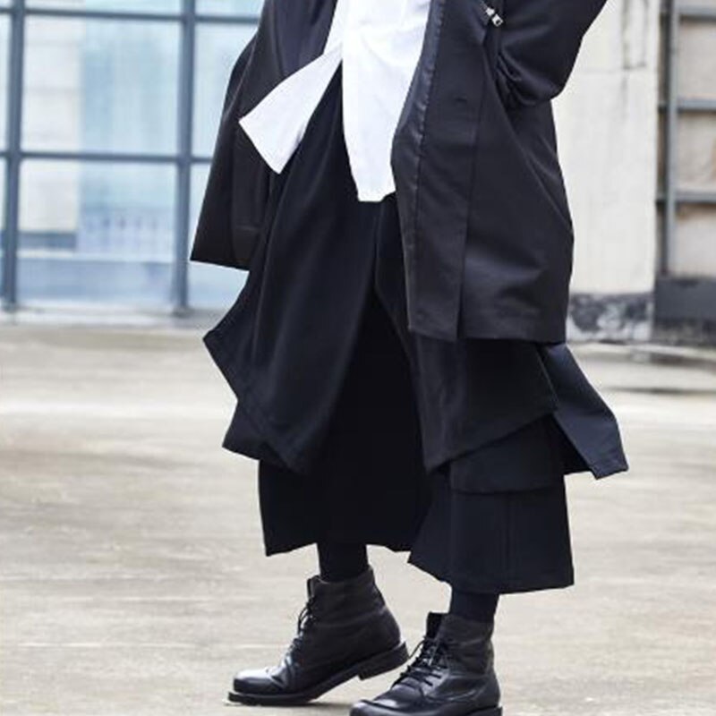 Los hombres Japón Streetwear Hip Hop estilo Punk gótico de color negro pantalón de masculina de empalme de pierna ancha Falda pantalón Kimono streetwear