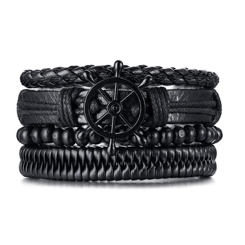 KaiMin 4pcs/ set Adjustable Leather Bracelets for Men Braided PU Black Brown Bangle Life Tree Leaf Rudder Charm Bracelet: JW8034-5