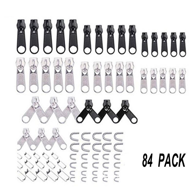 84 pcs Metalen Rits Hoofd Accessoires Tool Universele Rits Reparatie Vervanging Kit jassen jeans zakken tenten repareren Zilver Zwart