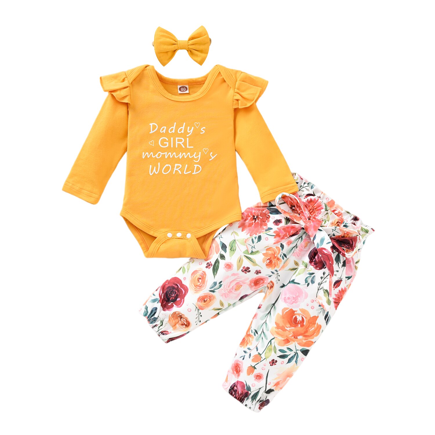 3 -teiliges herbst-Baby-mädchen-einstellen: strampler mit buchstabenmuster, oberteil, geblümter Schlauch, stirnband, lässiges baumwoll-Outfit: Gelb / 3m