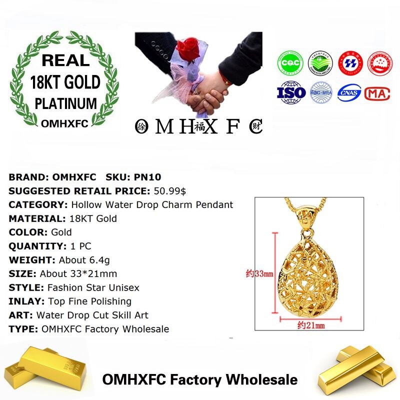 OMHXFC Europese Mode Vrouw Unisex Party Verjaardag Huwelijkscadeau Hollow Water 18KT Real Gold Charm Hanger PN10