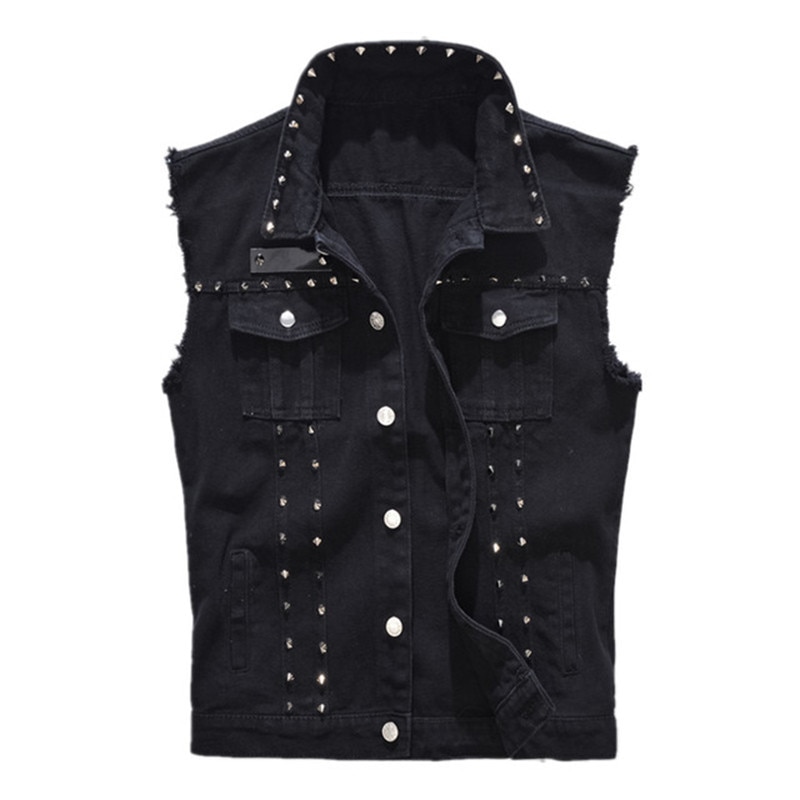XIU LUO 5XL Denim Weste männer Punk Felsen Stil Niet Cowboy Schwarz Jeans Weste roh Rand Männlichen Motorrad Jacke ärmel Panzer