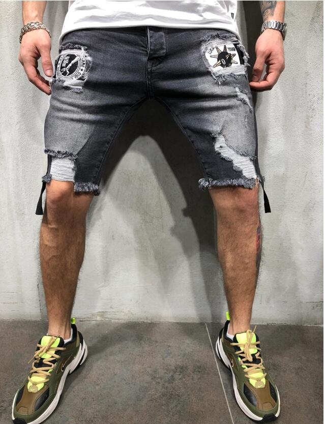 European size loose summer hole denim shorts Embroidered men's Jeans Shorts Hip-hop slim shorts Blue light blue S-3XL: Black / S