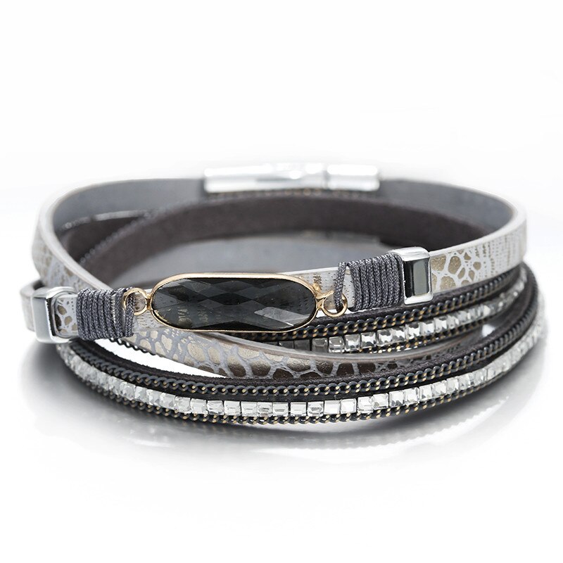 Amorcome Simple Ladies Crystal Charms Leather Bracelet for Women Boho Multilayer Wrap Bracelet Female Jewelry: Gray