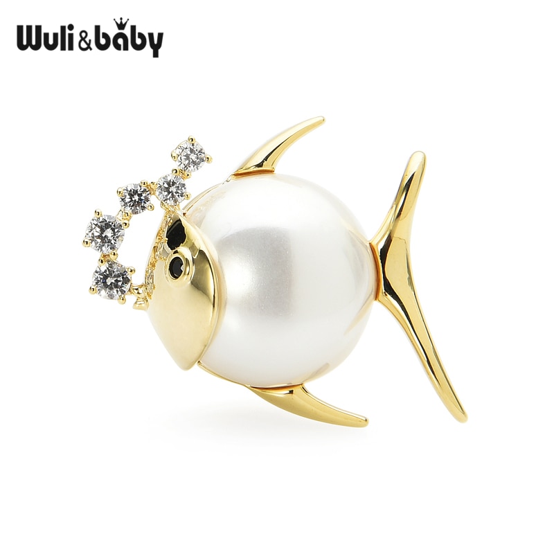 Wuli&baby Cute Magnet Fish Brooches For Women 2-color Czech Rhinestone Pearl Fish Office Causal Brooch