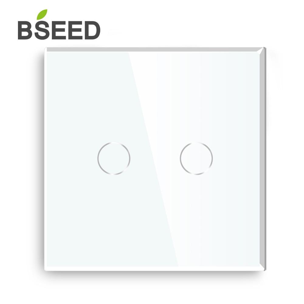 Bseed Touch Switch 2Gang 1Way 2Way Wall Switch EU Standard Luxury Glass Panel Touch Light Switch Black White Golden Switches