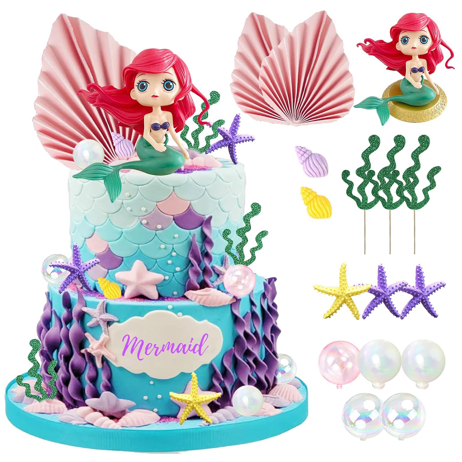 16 pezzi di toppers per torta a sirena per la sirena sotto il cavalla a tema compleanno matrimonio bambino doccia decorazioni per feste: Default Title