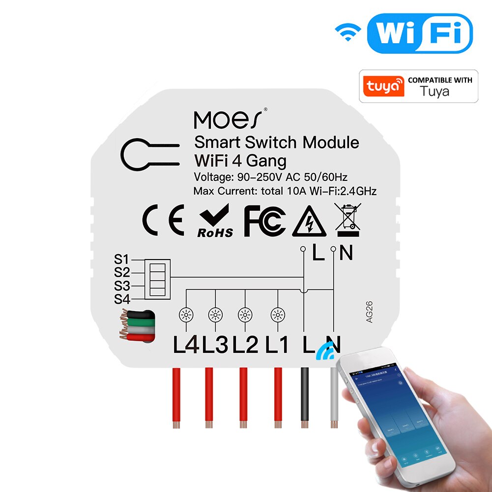 4 Gang Wi-Fi Switch Module Light Switch Voice APP Remote Control Share Function DIY Breaker Module 2 Way Feature (AC 90-250V)