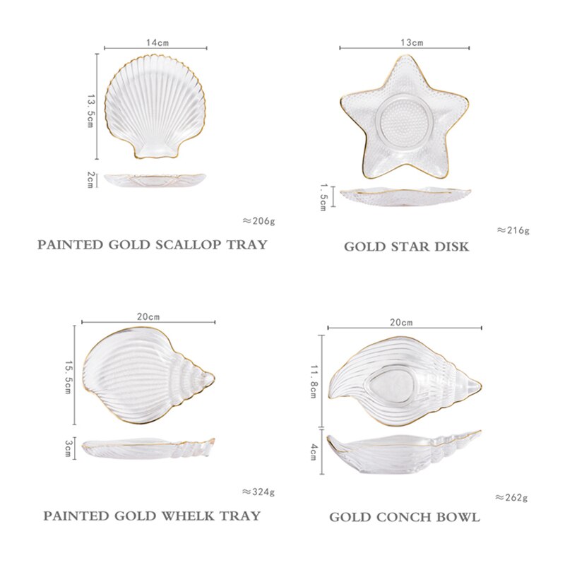 Gylden kant glas plade diy hav konkylie kammusling smykker opbevaring salat plade dessert skål middag plader sushi plade sashimi plade: Abcd 4 stk