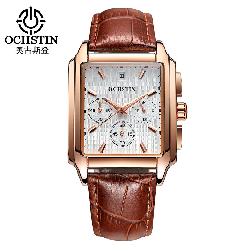 OCHSTIN , reloj cuadrado de cuarzo negro para hombre, reloj de negocios de de lujo, Reloj analógico con correa de cuero para hombre, reloj con cronógrafo: Rose white