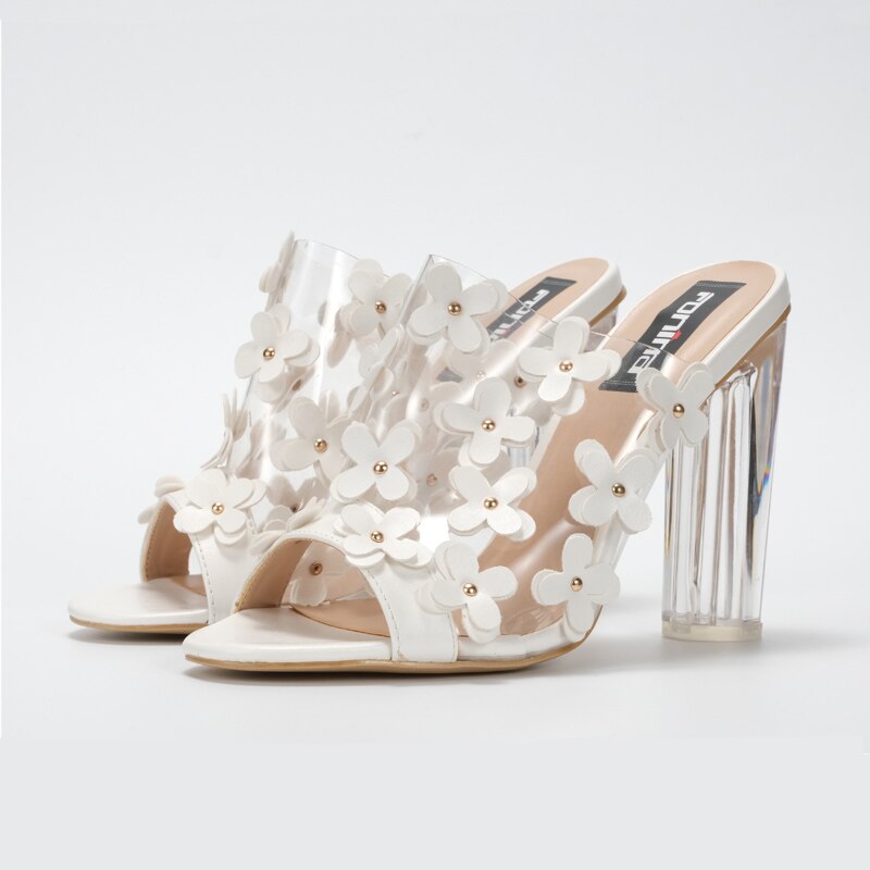 Nieuwe transparante sandalen met hoge hak en kleine bloem voor dames, doorzichtige sandalen, open teen zomerslippers 560: Wit / 10