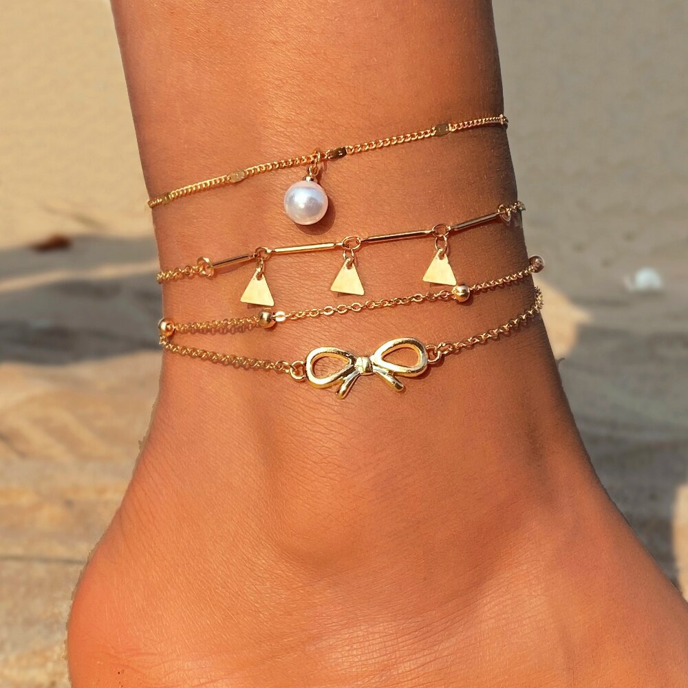 EN Female Gold Color Round Pendant Anklets For Women Pearl Bead Chain Ankle Bracelets Girls Barefoot on Leg Chain Beach Jewelry: ENS19714093