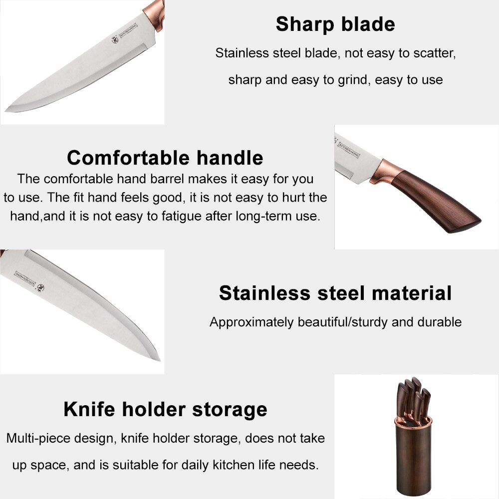 Chef Knife 6 Pcs Set Multi-function Kitchen Knives Utility Stainless Steel Cut Cleaver Bread Knife Meat Cleaver with Knife Holde