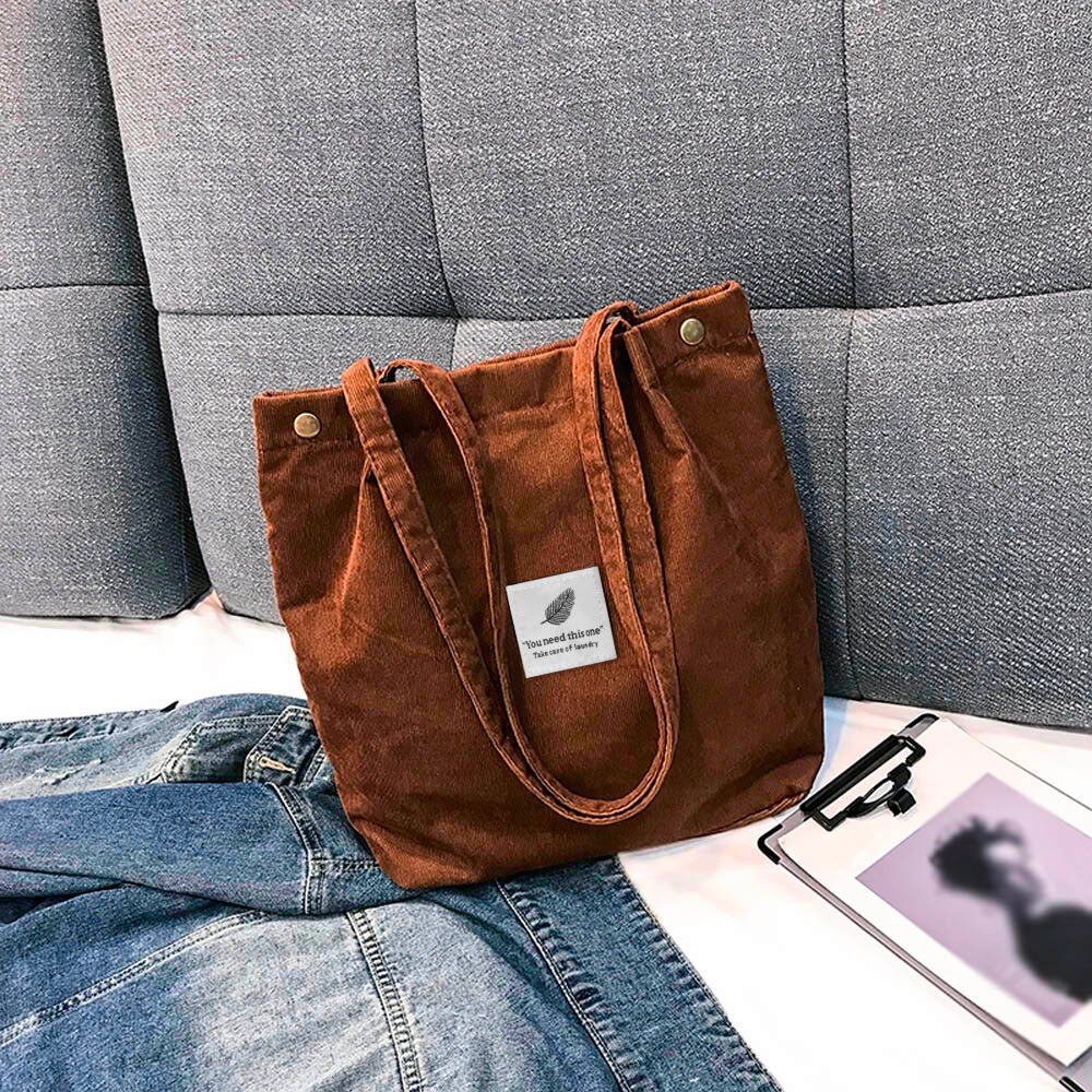 Women Corduroy Pure Color Shoulder Bag Satchel Tote Hand Bag Travel Bag Reusable Foldable Eco Grocery Totes Female