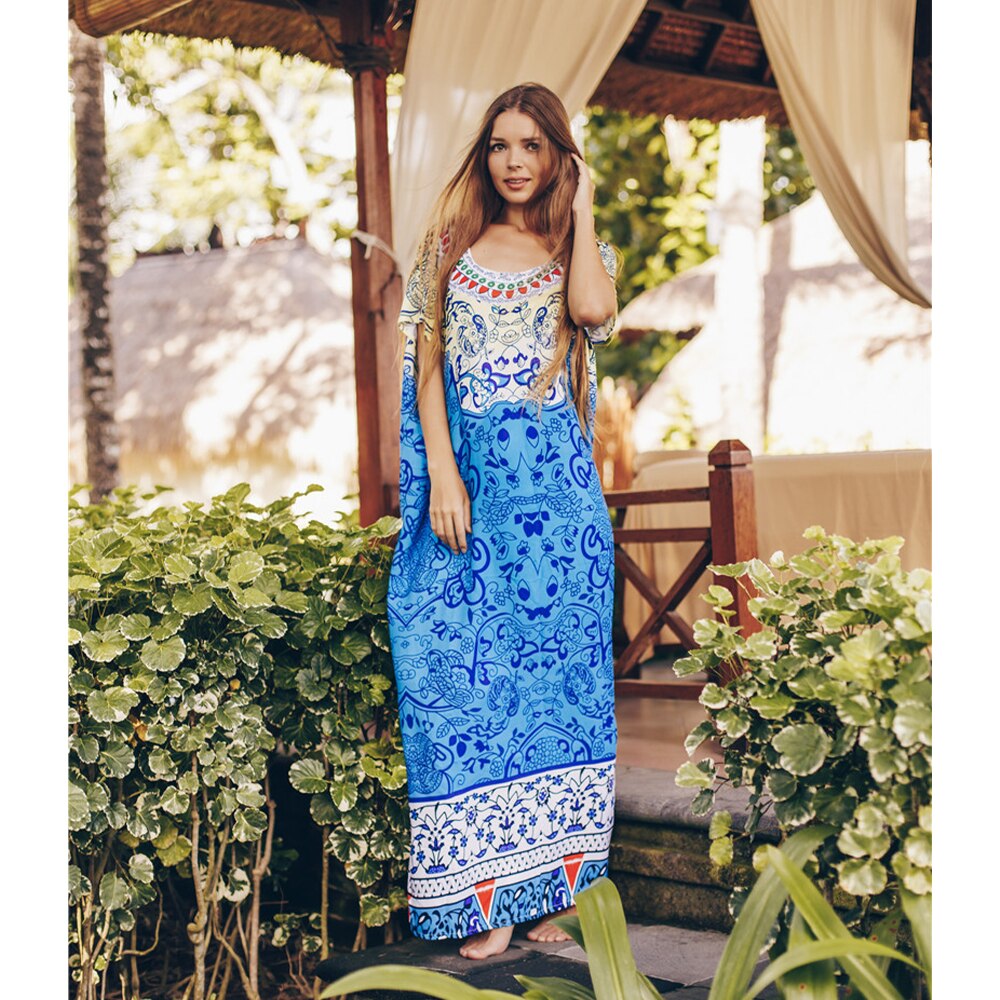 Bohemian Printed Maxi Beach Dress Plus Size Tunic Summer Beach Cover-Up Women Beach Wear Robe De Plage Sarong