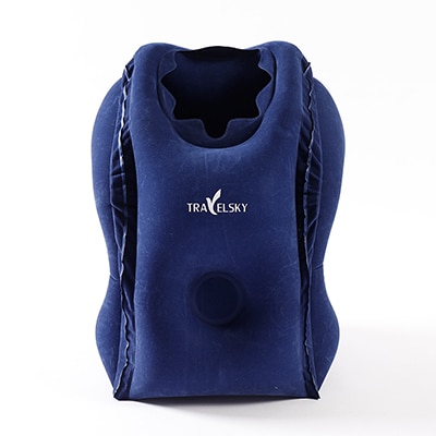 Travelsky Inflatable travel pillow foldable for airplanes train Sleeping flocking PVC soft head neck rest support travel pillows: blue