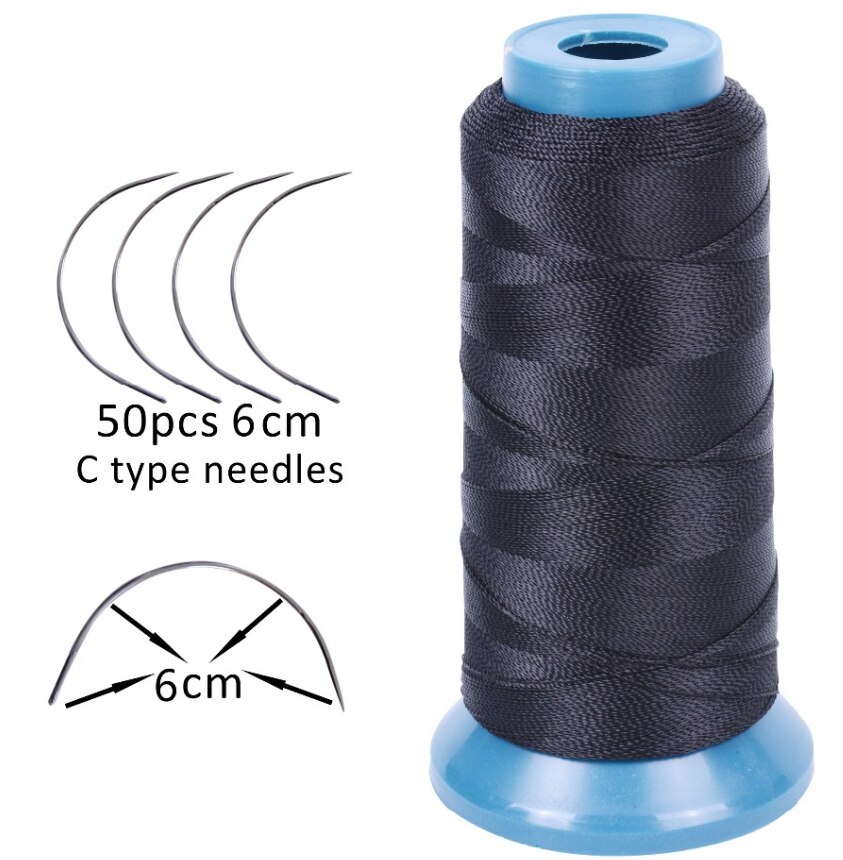 1 Roll Zwart Haar Weven Draad Hoge Intensiteit Polyamide Nylon Draad 50Pcs 9Cm Weven Naalden/C Type naalden/Gebogen Naald
